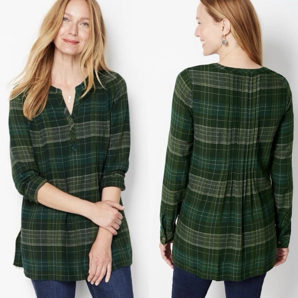 J. Jill Green Plaid & Pintucked Popover Tunic Outdoors Holiday Old Money M
